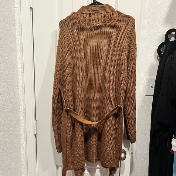 SHEIN Fringe Trim Drop Shoulder Belted Cardigan Size M - Picture 7 of 8